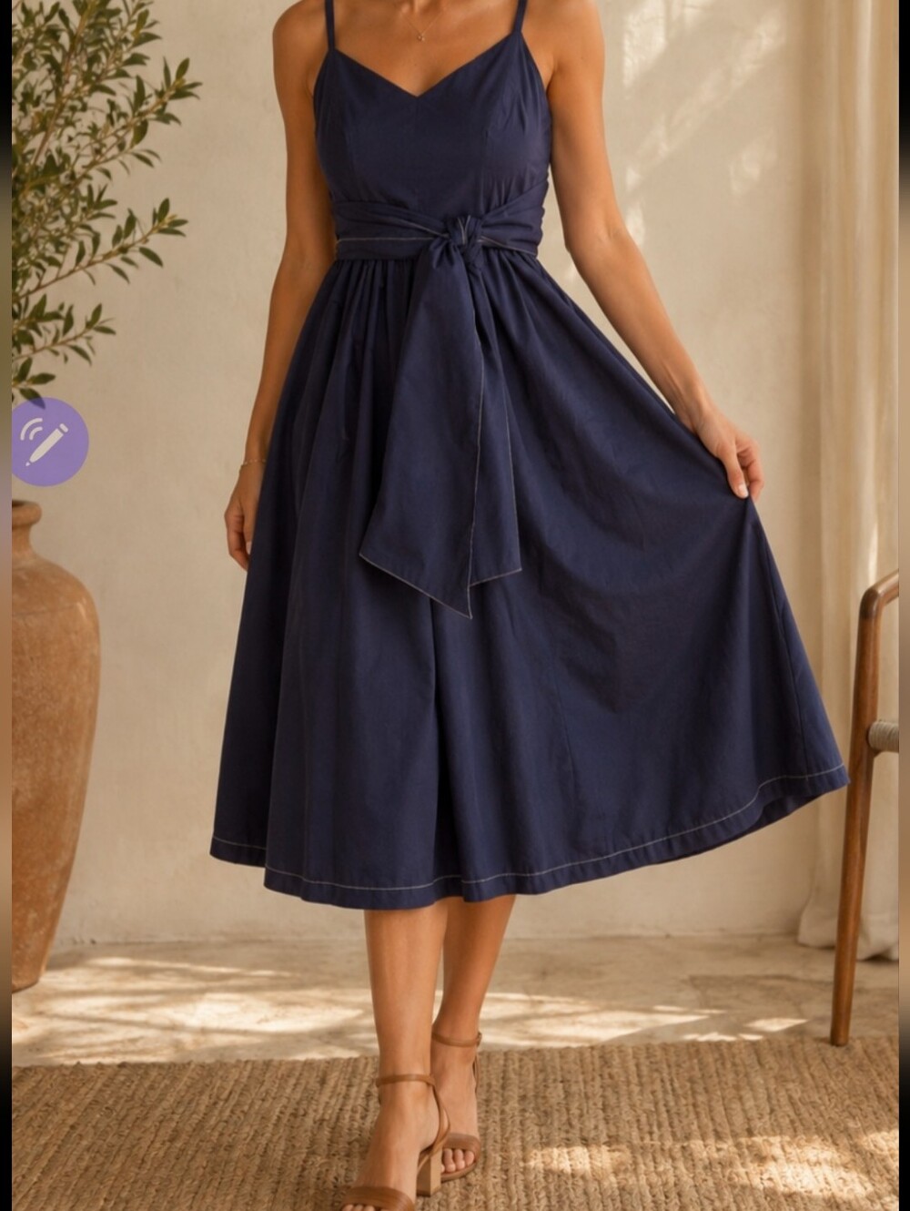 Coastal Navy Tie Spaghetti-Strap Midi Dress With Thick Tie-Waist